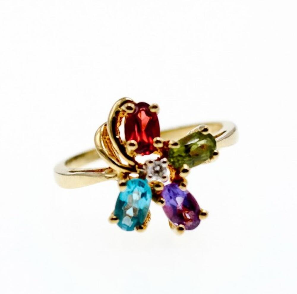10K Yellow Gold Amethyst, Garnet, Topaz, Peridot & Diamond Ring Size 6.25